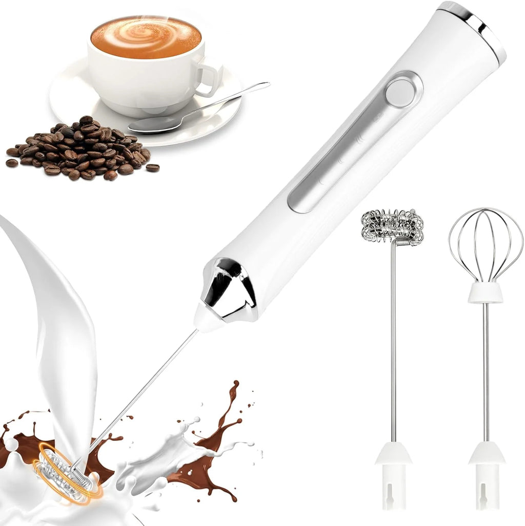 Electric Milk Frother, Rechargeable Handheld Electric Milk Frother with 2 Heads and 3 Speeds, White