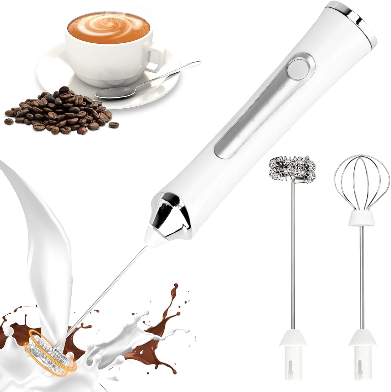 Electric Milk Frother, Rechargeable Handheld Electric Milk Frother with 2 Heads and 3 Speeds, White