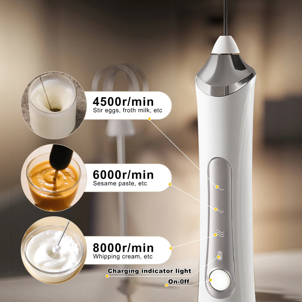 Electric Milk Frother, Rechargeable Handheld Electric Milk Frother with 2 Heads and 3 Speeds, White